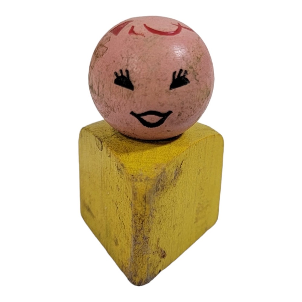 Vintage Fisher‎ Price Little People WOODEN yellow triangle with red Hair 60s